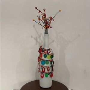 Decorative White Wine Bottle With Fireworks Beaded Stopper & Beads, Sequins Wrap